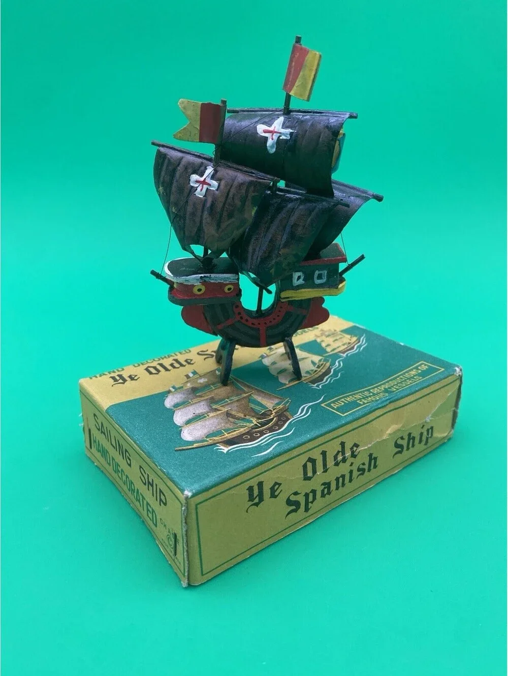 Hand Decorated Ye Olde Spanish Ship Model - Sailing Ship - Vintage w/ Box